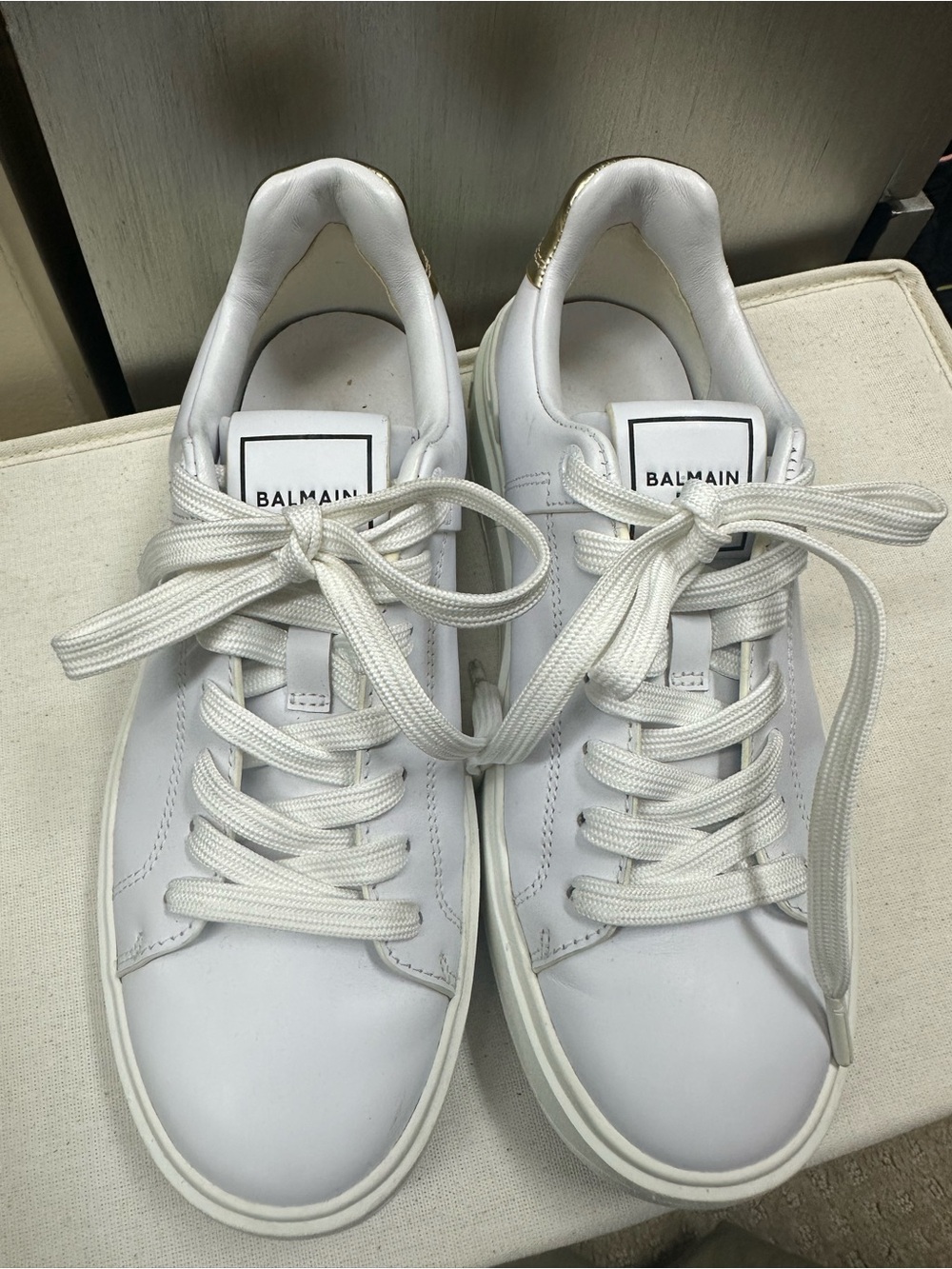 Balmain White Leather Sneakers with Gold Heel Accent